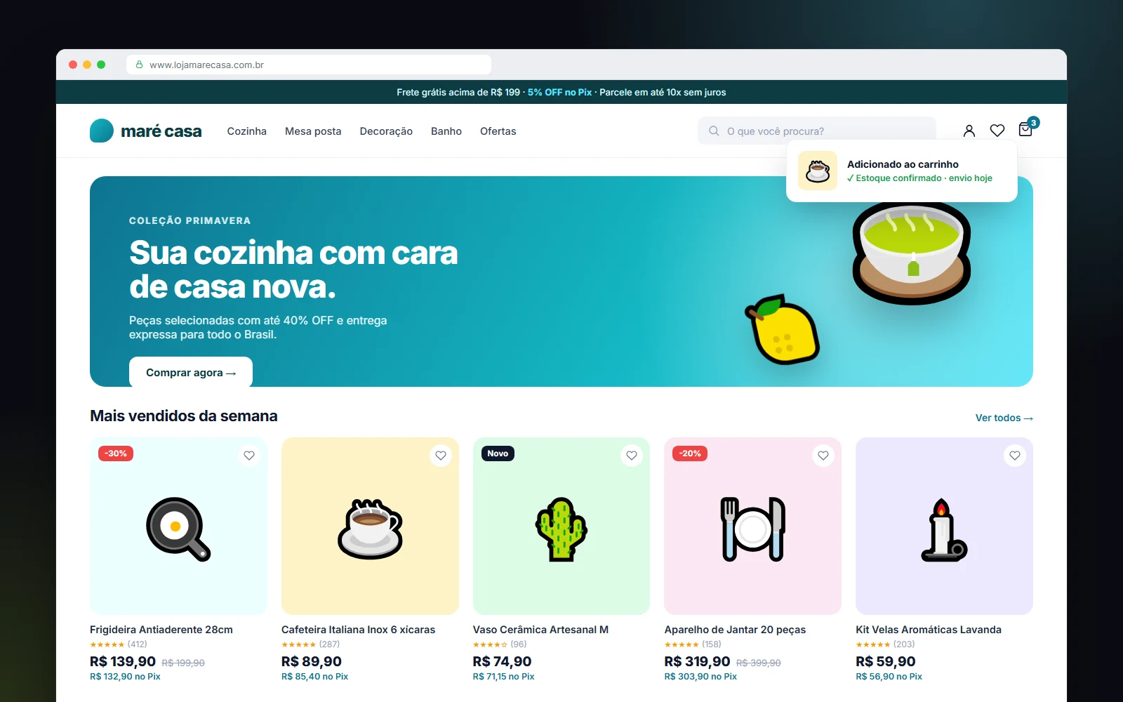 Loja virtual com vitrine de produtos e preço no Pix