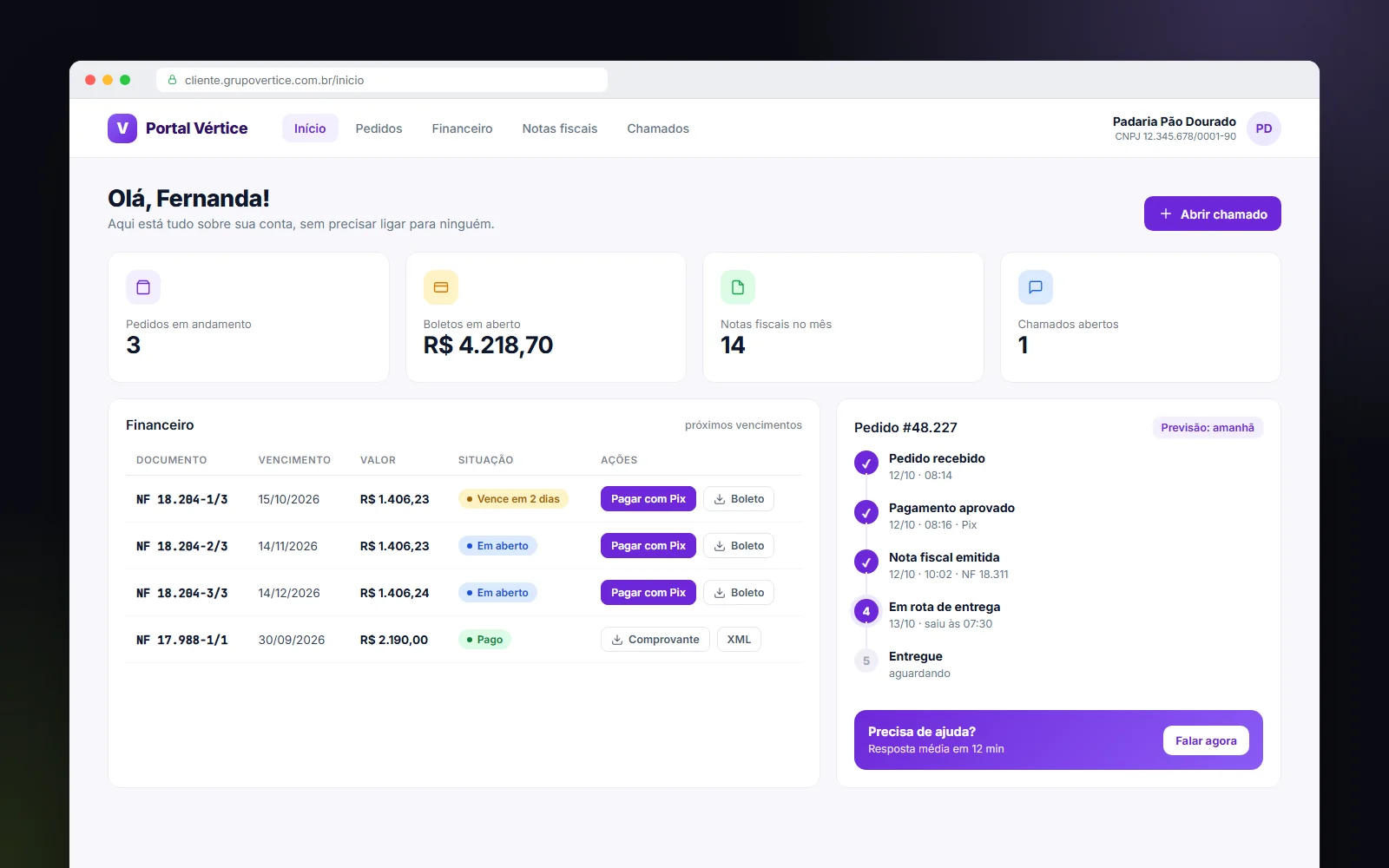 Portal web do cliente com boletos, notas fiscais e acompanhamento de pedido